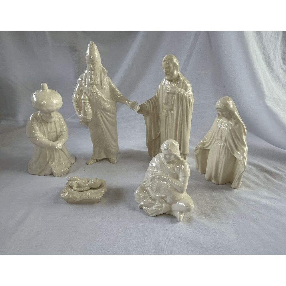 White Ceramic Christmas Nativity Set of Six, Baby Jesus, Wise Men, Signed Kay